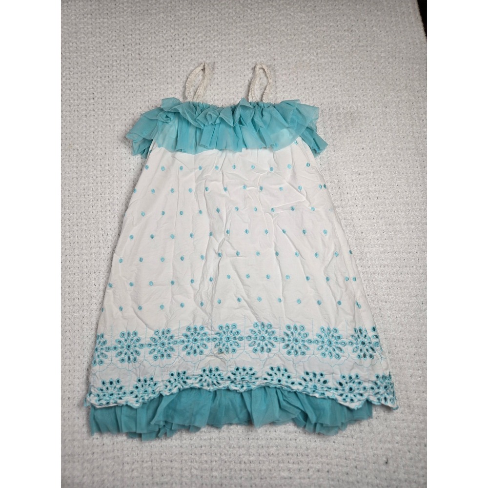 Peaches‎ 'n Cream Girls White Turquoise Eyelet Tulle Ruffle Dress 34-3301 Size 5